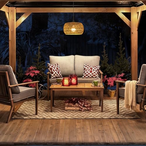 Battery Operated Rattan Pendant Light with Remote - 11.8” Boho Outdoor Chandelier for Porch & Indoor Use - Variation 1