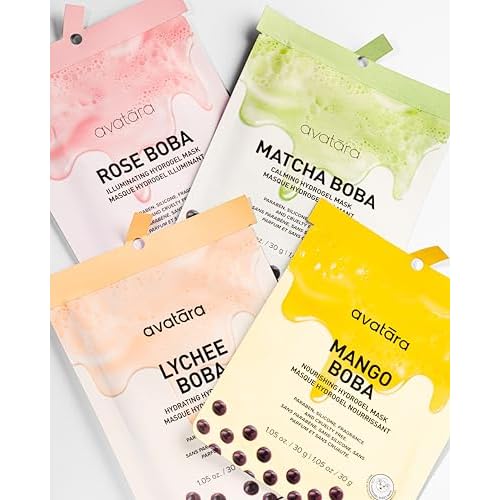 Avatara Boba Goals 4-Pack Variety Hydrogel Mask Set, Rose Boba, Matcha Boba, Mango Boba & Lychee Boba | 1.05 fl. oz / 30 g