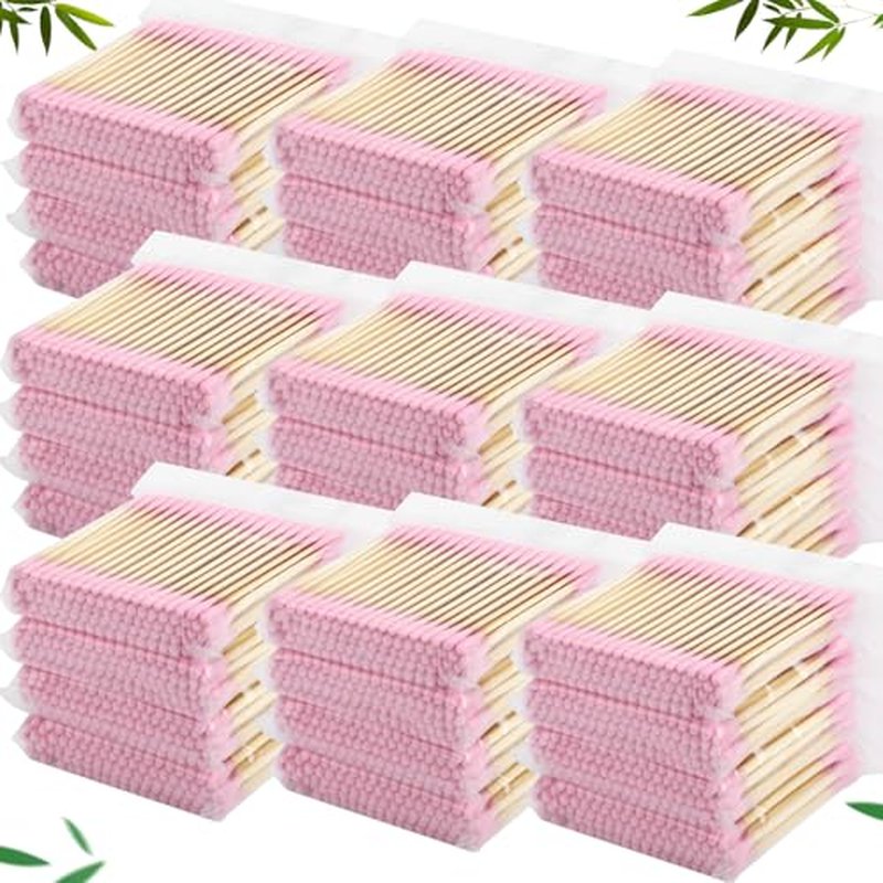 5000 Count Bamboo Cotton Swabs Double Buds Organic Cotton Swabs with Tips for Ears Sterile Tipped Applicator Makeup Swab Daily Makeup Eye Cleaning(Round,Pink)