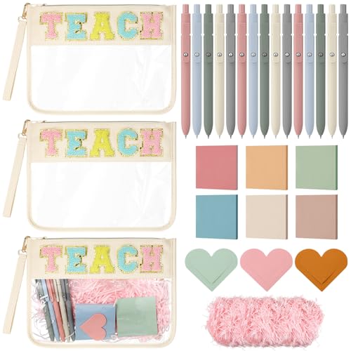 Eaasty 3 Sets Teacher Gifts Bulk Thank You Teachers Appreciation Gifts for Women Teach Chenille Letter Clear Makeup Bag Gel Pens Sticky Note Heart Bookmark Raffia for Graduation Back to School Gift