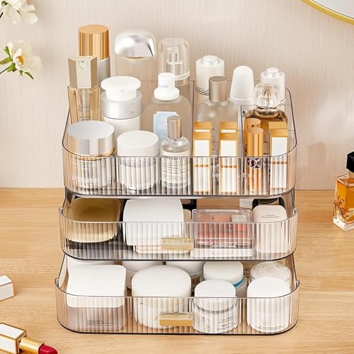 Clear Makeup Organizer for Vanity, Large Desk Organizer with Stackable Drawers for Cosmetics, Skincare, Lipsticks, Eyeshadow Palette, Nail Care, Ideal Storage for Dresser and Bathroom Countertop