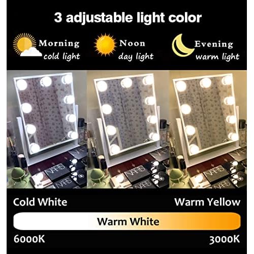 Lights Vanity Mirror, 14.5" L x 12" W LED Makeup Mirror with 9 LED Lights,3 Modes Light Modes&Touch Control Dimmable Tabletop Makeup Mirror,Detachable 10X Magnification,360¡ÆRotation (White)