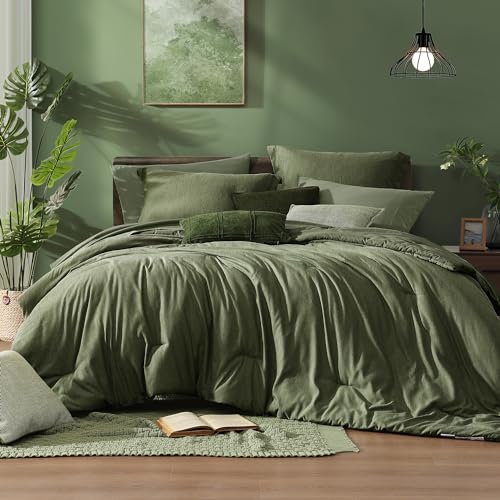 Olive Green Queen Comforter Set 7 Pieces - Bed in a Bag, Soft & Lightweight