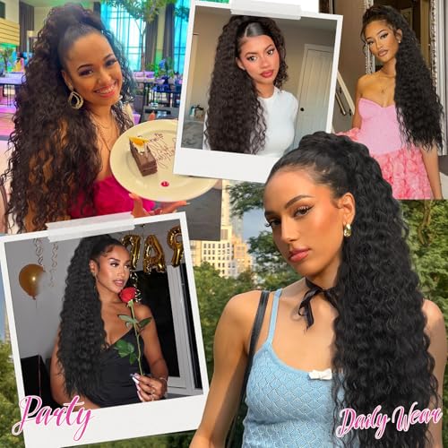 26 Inch Dark Brown Drawstring Ponytail Extensions for Women, Long Curly Wavy Hair