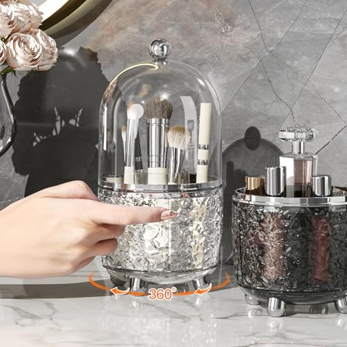 Makeup Brush Holder with Lid, 360¡Æ Rotating Cosmetic Tools Organizer with Cover, Dustproof Spinning Makeup Brush Organizer for Vanity, Ideal Gift for Girlfriend Wife Friends (Clear)