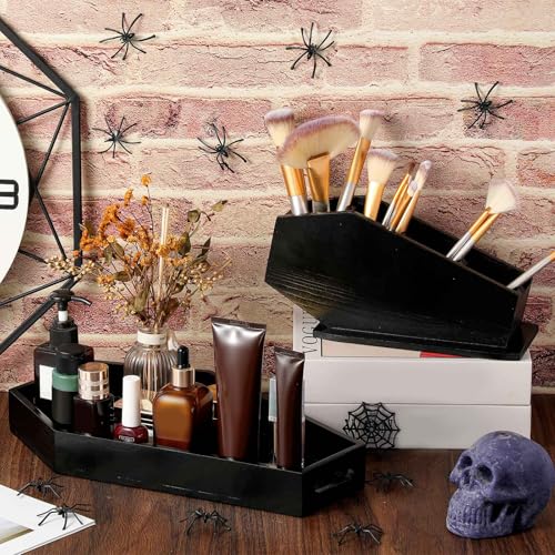 Juexica 2 Pcs Halloween Coffin Decor, Halloween Coffin Tray and Makeup Brush Holder Organizer, Spooky Gothic Home Decor, Gothic Serving Tray Makeup Organizer for Vanity, Witchy Gifts for Women