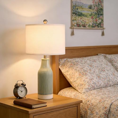 Set of 2 Green Ceramic Bedside Lamps - 23.75" Modern Farmhouse Table Lights