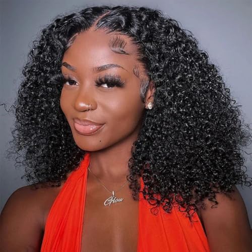 16 Inch Kinky Curly Human Hair Lace Front Wig - Black, Pre Plucked, Glueless Short Afro Bob