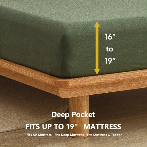 King Size Olive Green Cotton Linen Feel Sheet Set - Washed 100% Cotton, Deep Pocket
