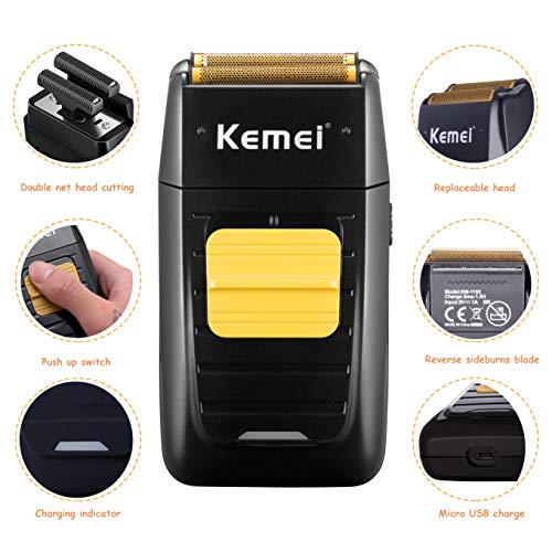 KEMEI Black Double Electric Foil Shaver for Men, Cordless Bald Head Razor