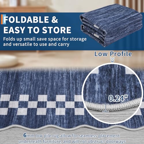 Blue Scalloped Area Rug 6x9 Large Non-Slip Washable Living Room Carpet