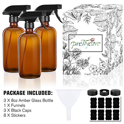 PrettyCare 3 pcs 8 Oz Amber Glass Spray Bottles, Refillable Empty Spray Bottles with Adjustable Nozzle & Lables for Cleaning, Leak-Proof Design for Essential Oils, Facial Hydration Hair Aromatherapy