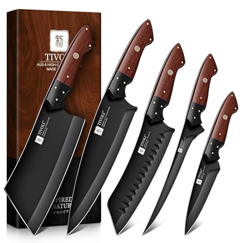 TIVOLI 5-Piece Kitchen Knife Set with Full Tang Wooden Handles - Japanese German Steel, Black Shield Coating - Variation 8.1