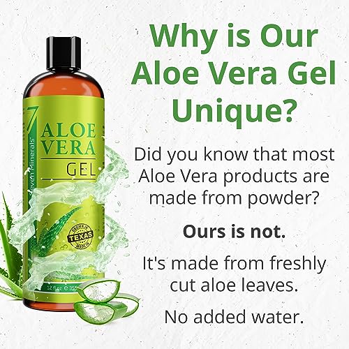Seven Minerals Organic Aloe Vera Gel from freshly cut 100% Pure Aloe - Big 12oz - HighestQuality, Texas grown, Vegan, Unscented - For Face, Skin, Hair, Sunburn relief (Pack of 2)