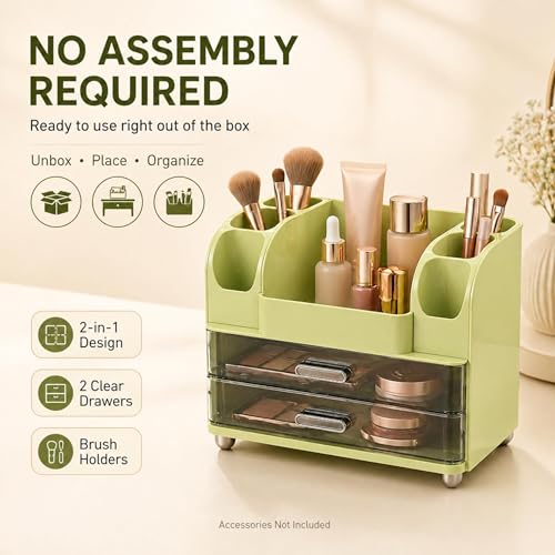 ROOM127 Vintage Green Makeup Organizer with 2 Clear Drawers & Brush Holders