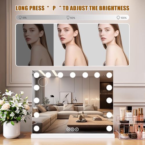 Vanity Mirror with Lights, 23"¡¿18" Large Hollywood Makeup Mirror with 15 Dimmable Bulbs, 3-Color Lighting, Dimmable, 10x Magnification, Desk Mirror, Bedroom (White)