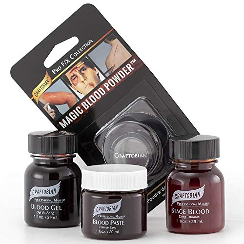 FX Blood Set Makeup Kit with 4 Fake Bloods - Blood Gel, Stage Blood, Paste & Powder