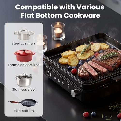 Portable Induction Cooktop with Griddle and Pot - 1500W, Non-Stick Surface