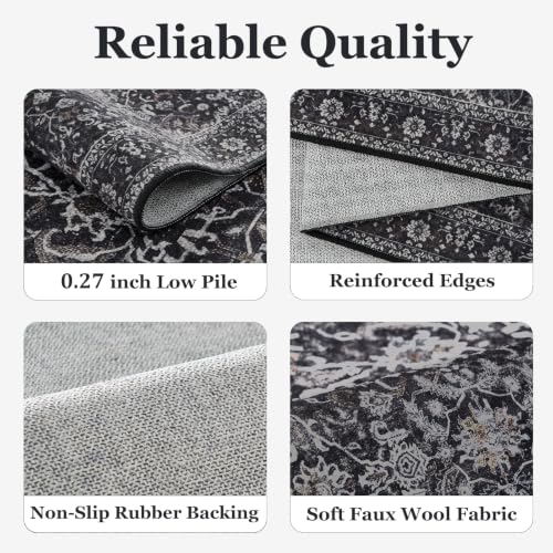 Jainmy Midnight 6x8 Vintage Area Rug for Living Room & Bedroom, Washable Non Slip Low Pile