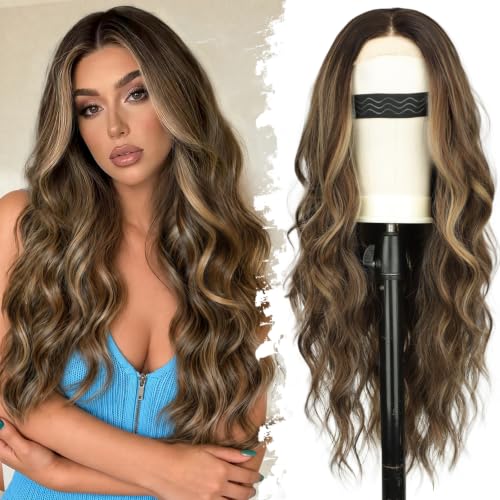 Eawwii Highlight Brown Wigs for Women 26 Inch Wavy Lace-Free Glueless Wig with Blonde Highlights