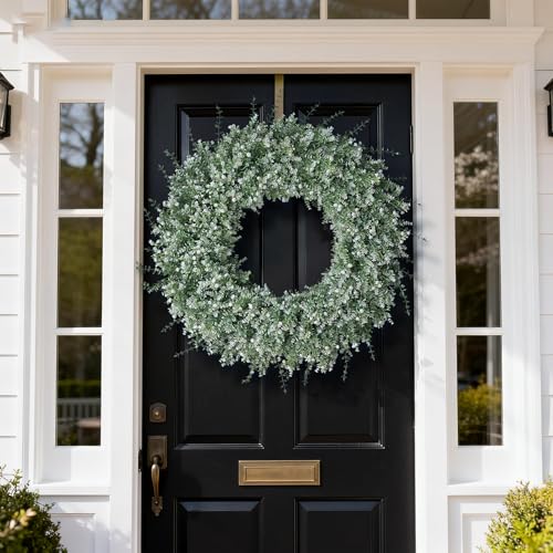 FOTEEWL 32-Inch Artificial Eucalyptus Wreath for Front Door Decor - White-Green, Full & Lifelike