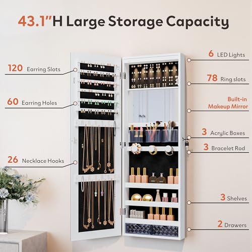 White Lockable Jewelry Cabinet with LED Lights Wall Mount Mirror