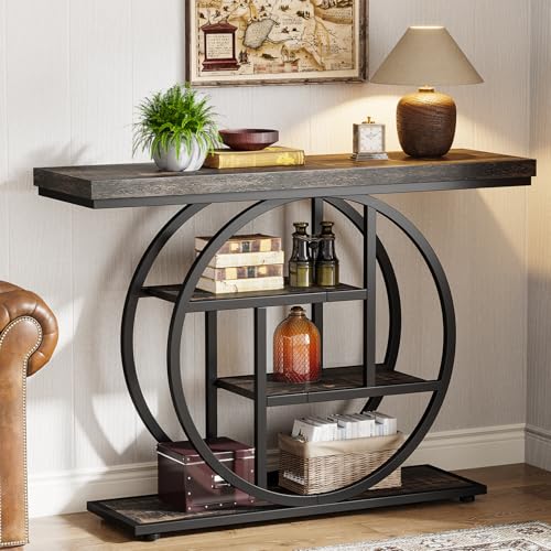 Charcoal Black Industrial Console Table with Circle Base, 4-Tier Narrow Sofa Entryway