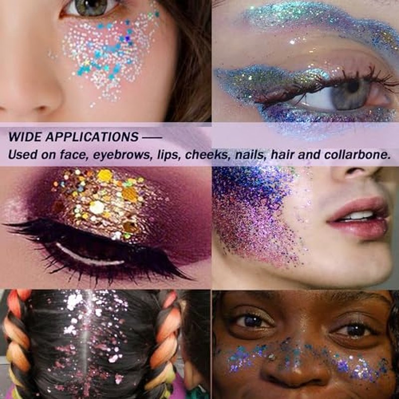8PCS Face Glitter Gel, Holographic Body Glitter Gel for Hair, Body, Face, Lip, Eyeshadow, Glitter Face Paint, Chunky Glitter for Makeup, Sparkling Glitter Makeup for Concerts Music Festival Rave