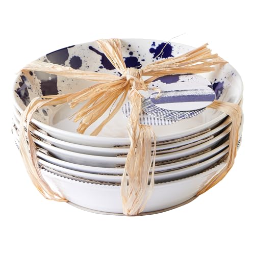 Mixed Patterns Pasta Bowls Set of 6, 22cm Blue Coastal Porcelain