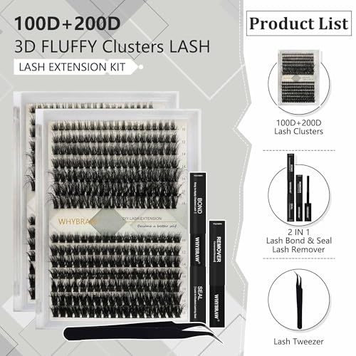 Fluffy Lash Clusters WHYBRAW 100D 200D DIY Lash Extension Kit with Lash Bond Lash Seal Lash Remover Lash Applicator 280 Pcs Volume Cluster Eyelash Extension Thick Eyelash Extension 12-18mm