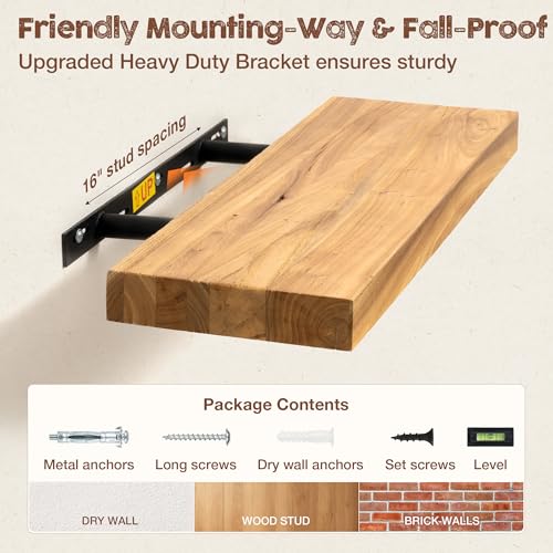Fuqing Floating Wall Shelves - Natural Elm Flat Edge, 24 Inch, 2-Pack