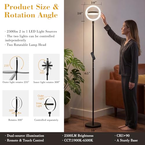 Black LED Floor Lamp 75.5 Inch Tall Dimmable Standing Lamp with Remote - Bright 2500lm Stepless Adjustable for Living Room & Office