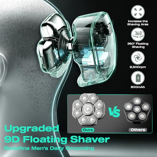 6-in-1 Men's Bald Head Shaver 9D Floating Skull Razor Waterproof Rechargeable