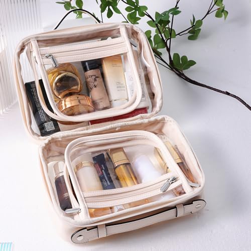 SANHECUN Clear Travel Toiletry Bag with Multiple Compartments - Waterproof Makeup & Cosmetic Organizer - Beige, Medium