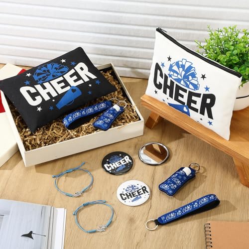 60 Pcs Cheerleader Gifts Bulk Cheer Team Gifts for Women with Cheerleader Cosmetic Bags Makeup Mirror Bracelets Lipstick Holder Keychains Lanyard Cheer Team Party Favors(Blue White)
