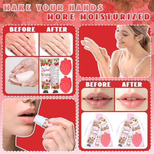 Loopeer 30 Set/150 Pcs Strawberry Baby Shower Favors for Guests Gifts Hand Cream Lip Balm Soap Party Favors Gifts Travel Size with Organza Bags, Thanks You Card for Baby Shower Birthday Wedding