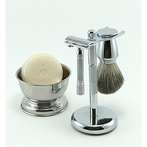 G.B.S Short Handle Safety Razor, Pure Badger Shaving Brush, Brush and Razor Stand, Bowl, Glycerin Natural Soap and 25 Blades