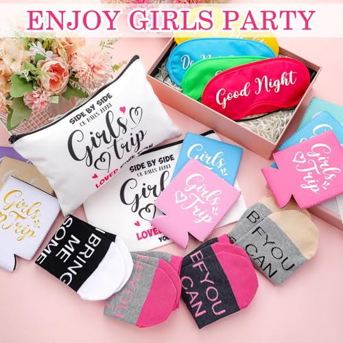 Girls Trip Gift Set with Socks, Eye Masks, Cosmetic Bags & Can Sleeves - Party Favor Kit