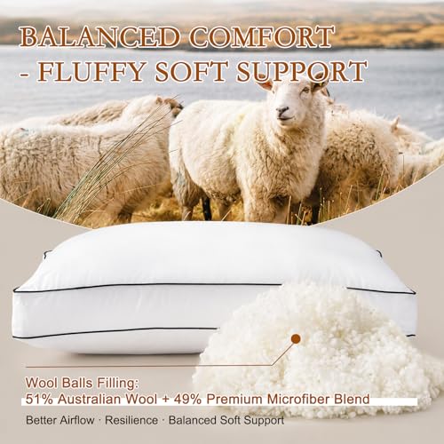 King Size Wool Pillow Set of 2 - White Australian Wool & Down Alternative Support Cushions