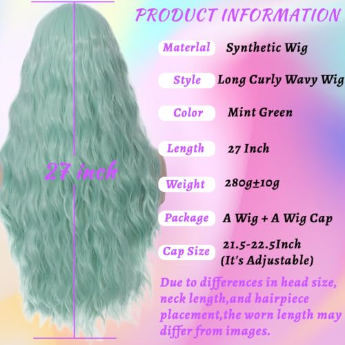 Women's Bangs Mint Green Wig 27 Inches Long Curly Wavy Hair Heat
