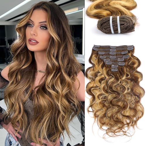Chocolate Brown to Caramel Blonde 18 Inch Clip In Hair Extensions - Body Wave, 8 Pcs, 80g