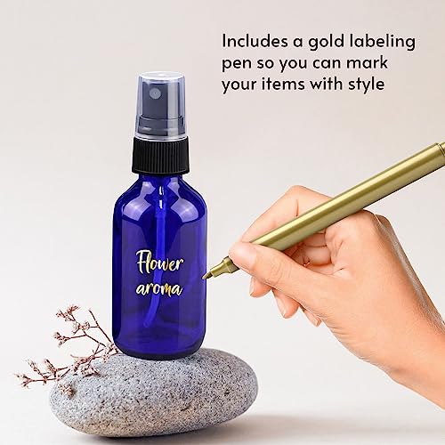 CULINAIRE 2oz Glass Spray Bottles for Essential Oils with Gold Pen Marker, Small Fine Mist Spray Bottle, Refillable, for Hair Spray, Essential Oils, Colognes, and Hand Sanitizers, Blue, Pack of 24