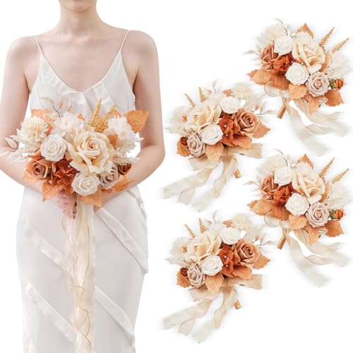7-Inch Wedding Bouquets for Bridesmaid Set with Burnt Orange & Champagne Ribbons