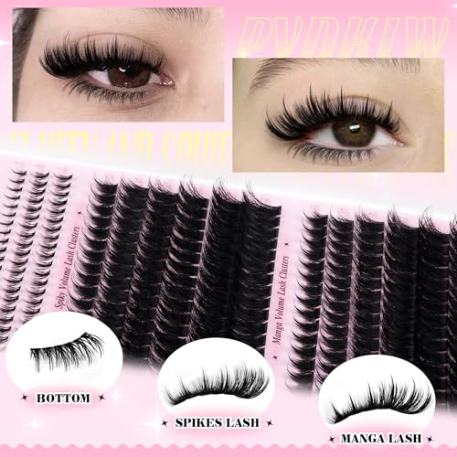 Fluffy Lash Clusters with Bottom Lashes Spikes Eyelashes Manga Eyelash Clusters 12-22MM Volume Lash Extension with Individual Lashes DIY at Home for Beginner