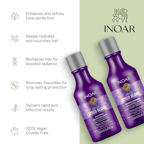 Inoar Absolut Speed Blond Shampoo & Conditioner Kit with Argan Oil for Blonde, Silver & Gray Hair with Tone Neutralization & Hydration, 8.45 fl.oz