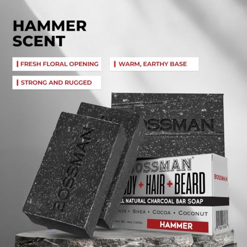 Bossman 4-in-1 Charcoal Bar Soap for Men - Hammer 3 Pack (4 oz Each) - Hydrating Beard Hair Skin