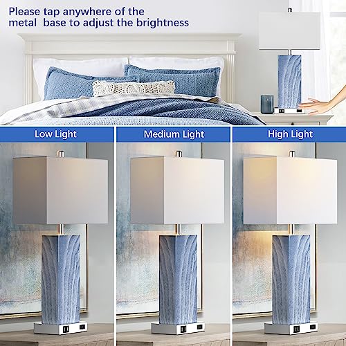 Blue Touch Control Bedside Table Lamp Set of 2 with USB & Outlet, 3-Way Dimmable, Modern Ceramic Nightstand Lamps with Fabric Shade