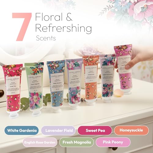 Laura Ashley Hand Cream Set - 7 Piece Hand Lotion Collection for Women, Travel Size Moisturizing Lotion for Dry Skin with Rose, Lavender, Magnolia & Floral Scents - 30ml Each