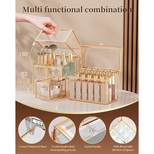 Makeup Brush Organizer ? Vanity Organizer with 18-Slot Lipstick Organizer & Makeup Brush Holder with Lid ? Skincare, Perfume & Cosmetic Storage for Bathroom or Dresser