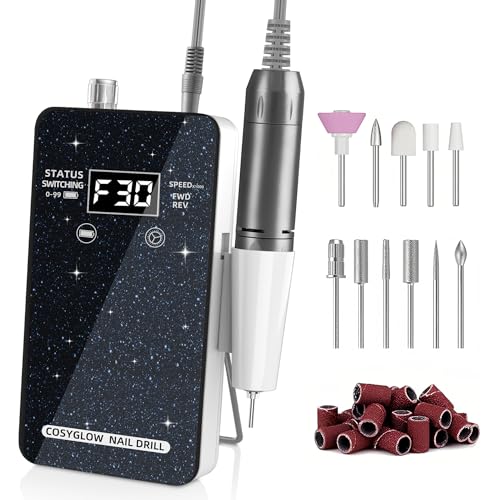 Professional Electric Nail Drill File: COSYGLOW Glitter Portable E-File Nail Drill Kit with11 Drill Bits Pink&Black